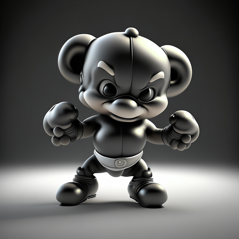 “a 3d render of a cute baby big head, Monsters Steamboat Willie in fight pose, 4k, high resolution”. intricate details, award winning photography”