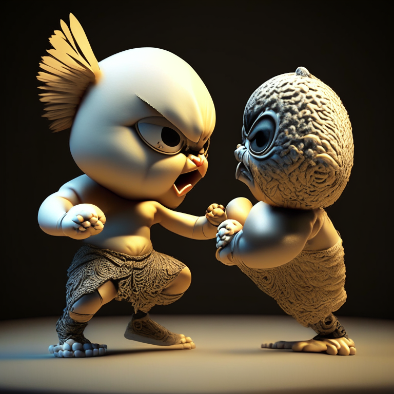 “a 3d render of a cute baby big head, Monsters Sylvester and Tweety in fight pose, 4k, high resolution”. intricate details, award winning photography”. intricate details, Shin hanga, oscar winning, pexels contest winner