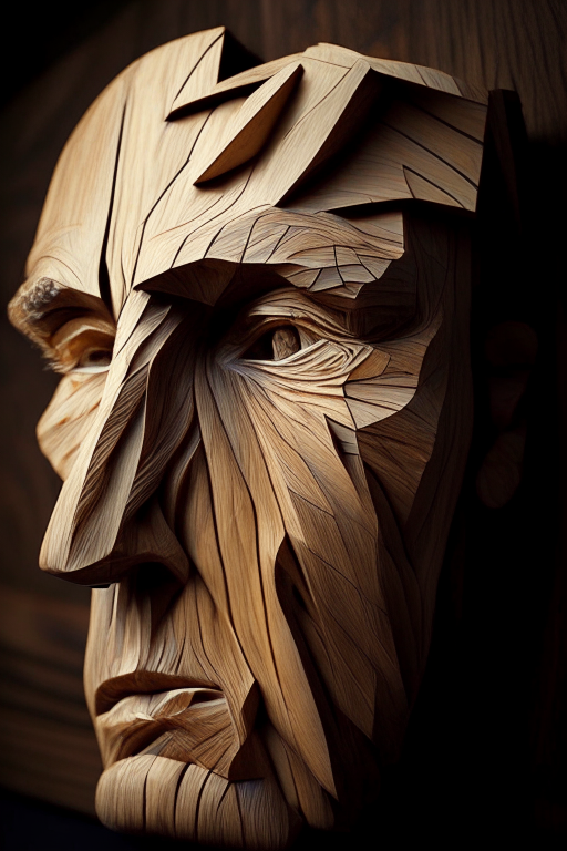 a human face made of wood. a human face made of wood