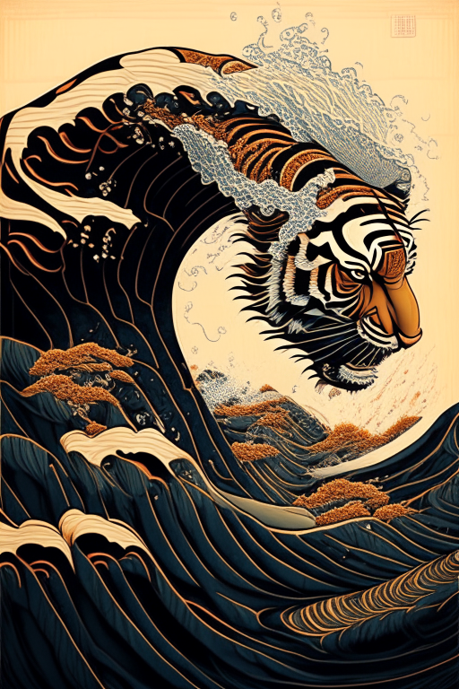 a tiger made from traditional Japanese style waves