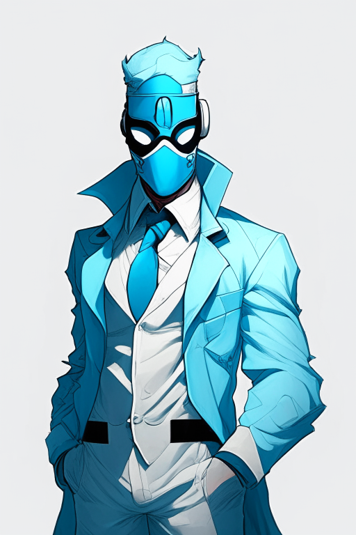 Design me light blue, criminal repairman suit wearing a mask anime 