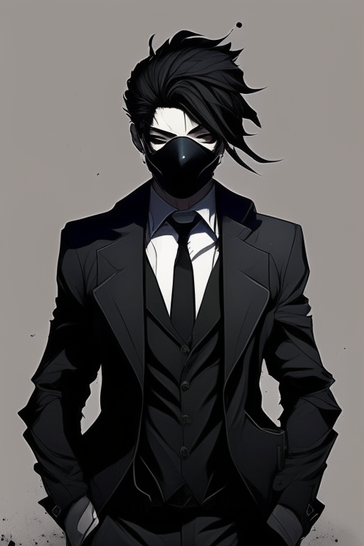 Design me black, criminal repairman suit wearing a mask anime 