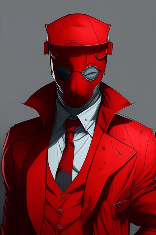 Design me red, criminal repairman suit wearing a mask anime 