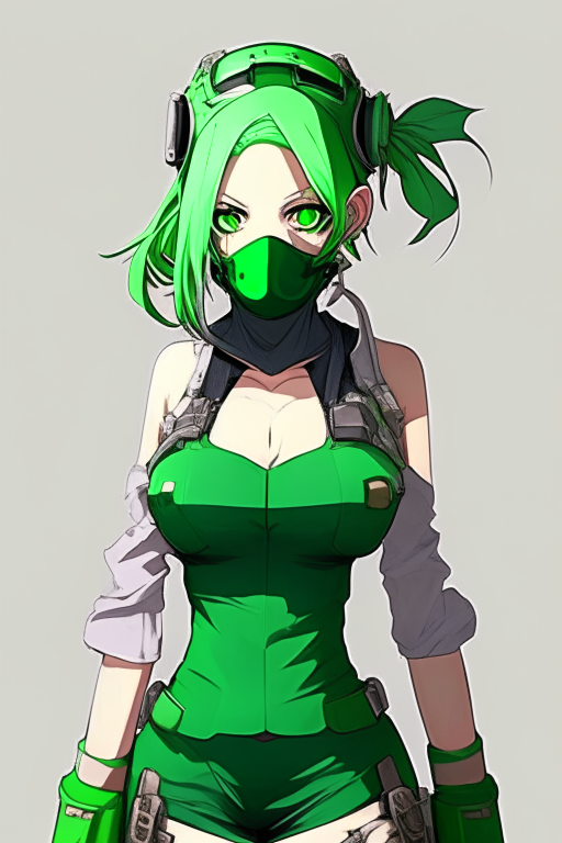 Design me green, criminal girl repairman suit wearing a mask anime 