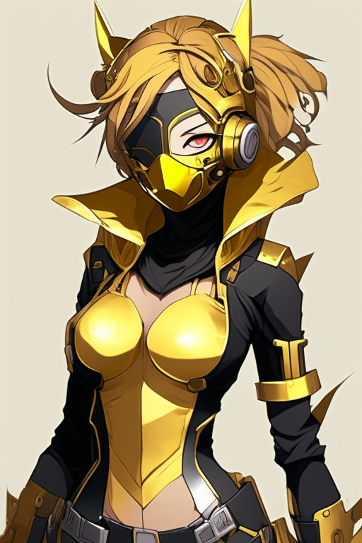 Design me golden, criminal girl repairman suit wearing a mask anime 