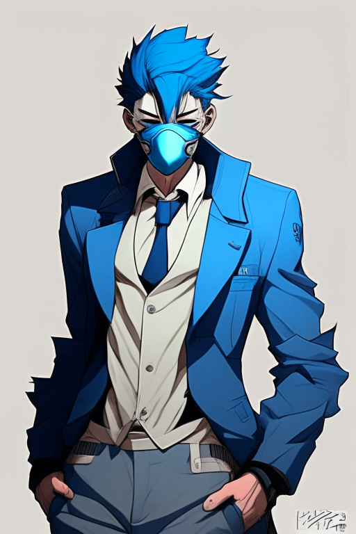 Design me ,  bule criminal man repairman suit wearing a mask anime 