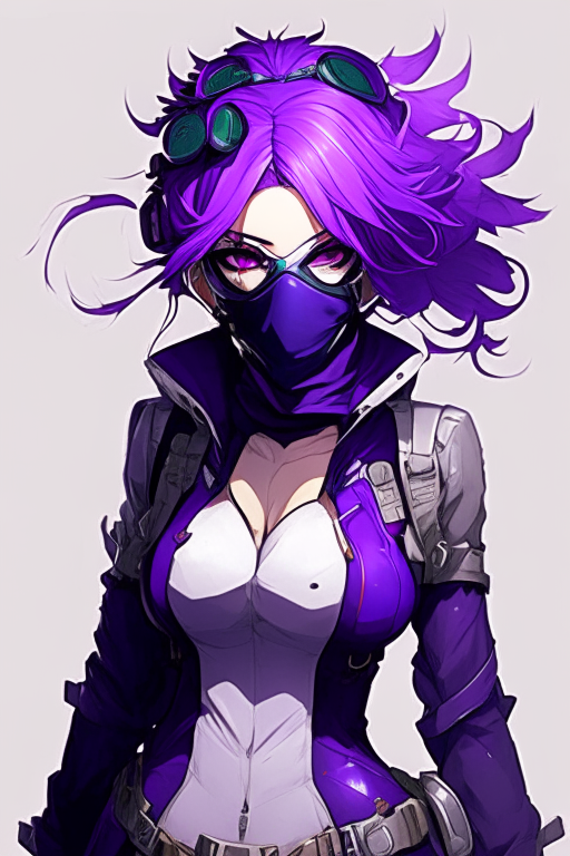 Design me ,  purple criminal pretty girl repairman suit wearing a mask anime 