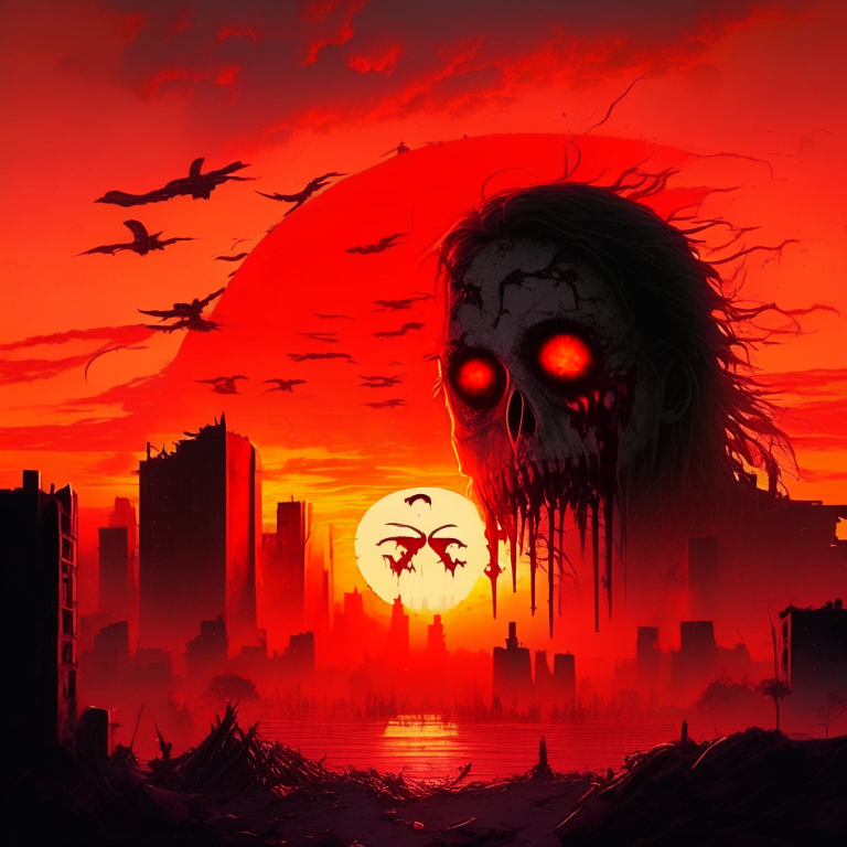 sunset, human crying ,red eyes, ruin city, red  sun,  demons flying, organs, skull zombies