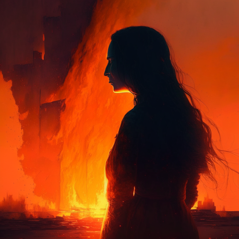 fire, woman, walls, sunset