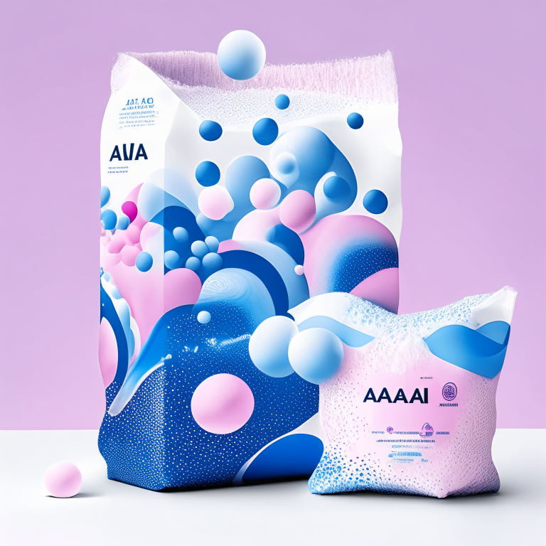 an abstract pattern with pink balls of yarn in the foreground and blue soap bubbles and waves in the background on a white background packaging design for a 1.5kg washing powder package