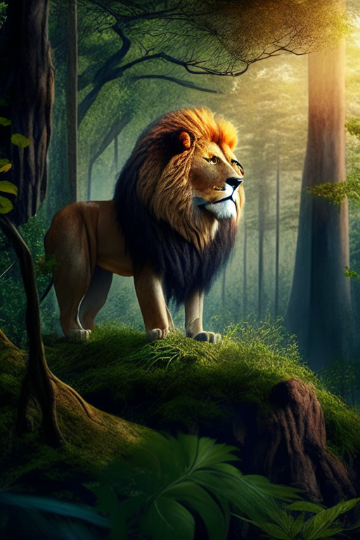 A lion in forest with beautiful view background 16:9 