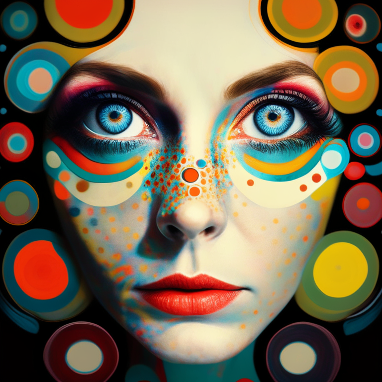 a portrait of a woman with colorful circles surrounding her eyes, highlighting her gaze