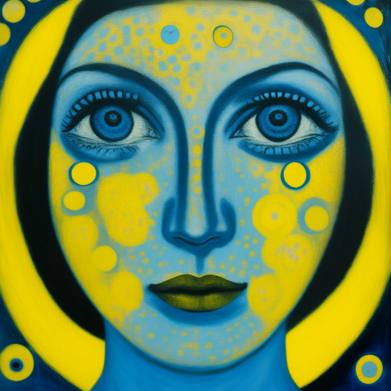 a painting of a woman's face with circles painted on it in blue and yellow