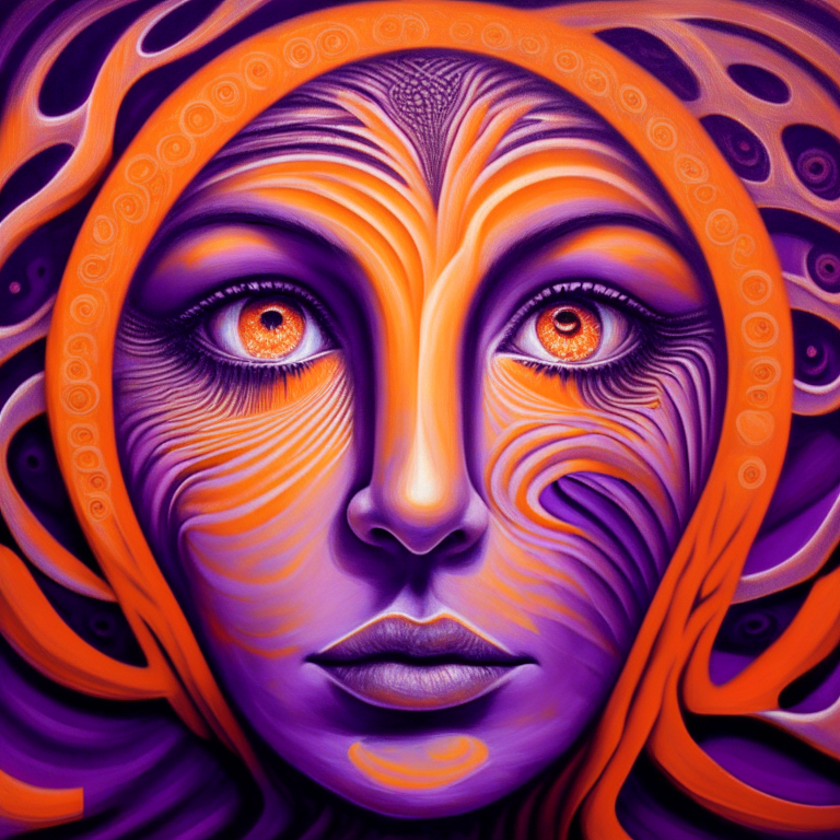 a painting of a woman's face with spiral patterns painted on it in purple and orange
