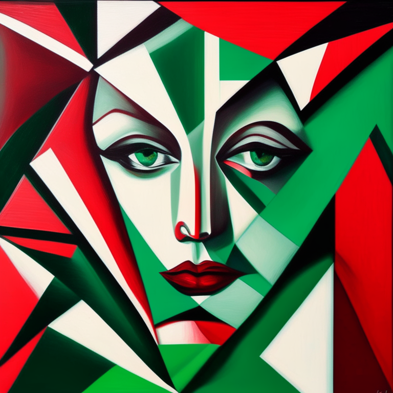 a painting of a woman's face with geometric shapes painted on it in red and green