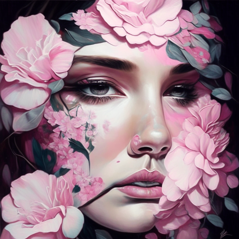 a painting of a woman's face with floral designs painted on it in pink and white