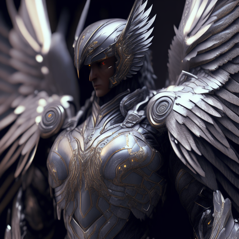 a detailed battle suit for an archangel with feathered wings, photorealistic, sharp focus, 8k resolution