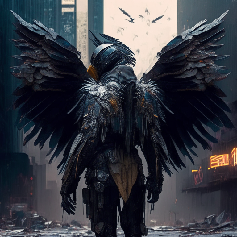 a battle suit for an archangel with feathered wings in a dystopian cityscape, gritty, decaying, cyberpunk