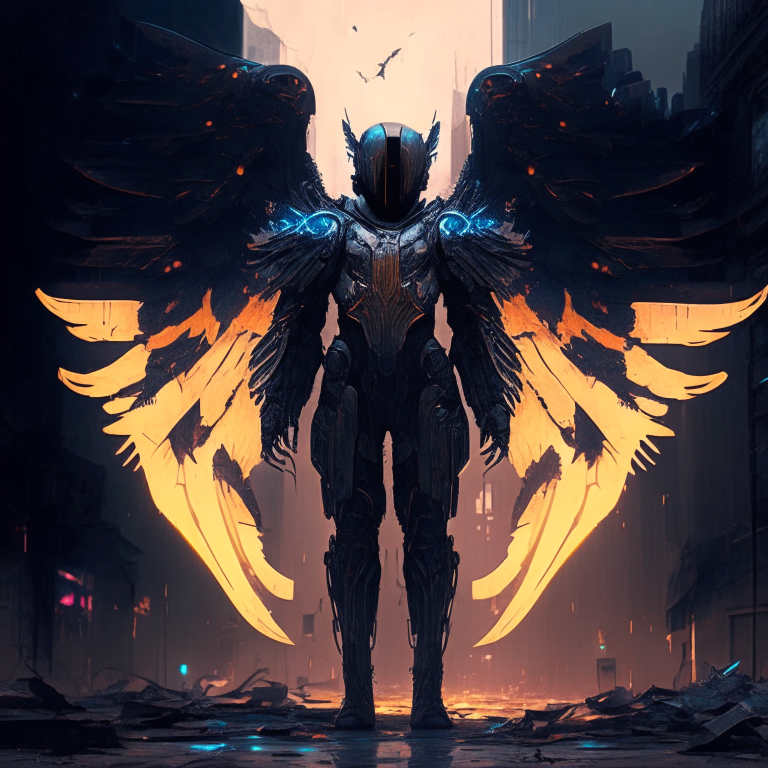 a battle suit for an archangel with stylized glowing wings in a decaying dystopian cityscape