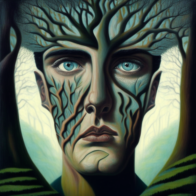 A painting of a man's face surrounded by trees, surrealism style