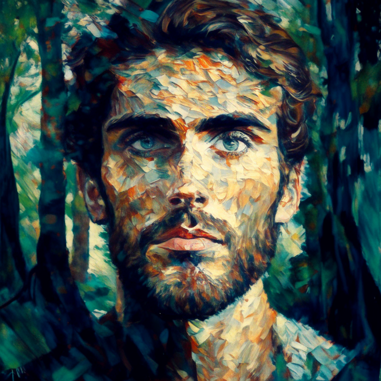 A painting of a man's face surrounded by trees, impressionism style