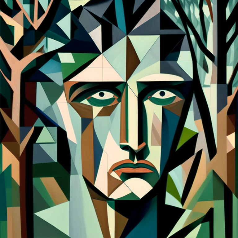 A painting of a man's face surrounded by trees, cubism style
