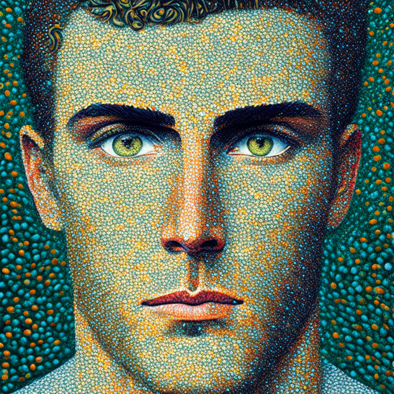 A painting of a man's face surrounded by trees, pointillism style