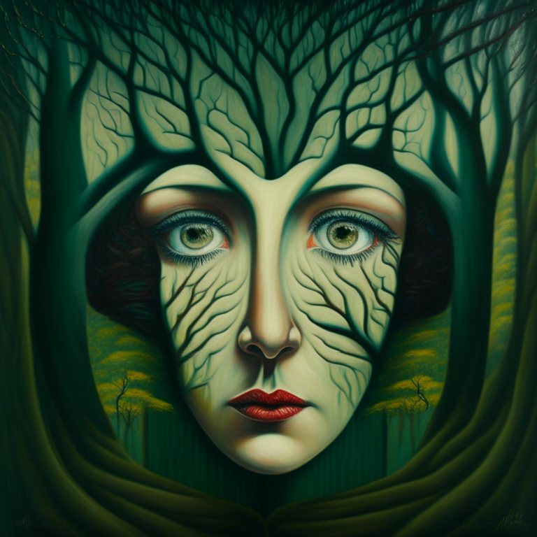 A painting of a woman's face surrounded by trees, surrealism style