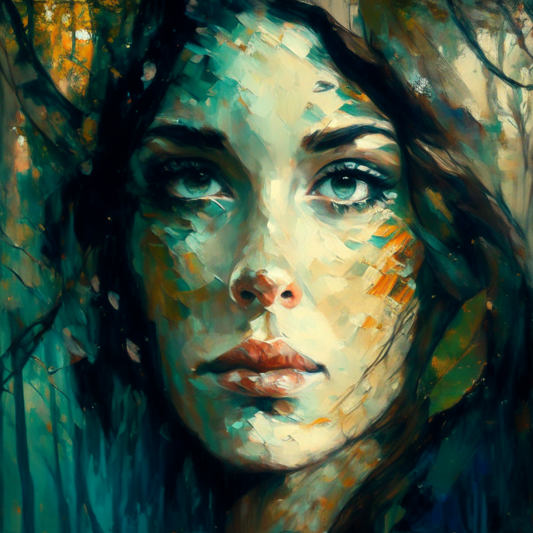 A painting of a woman's face surrounded by trees, impressionism style