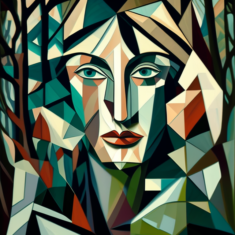 A painting of a woman's face surrounded by trees, cubism style