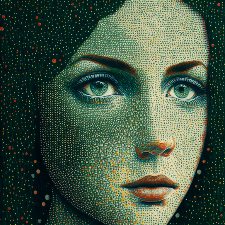 A painting of a woman's face surrounded by trees, pointillism style