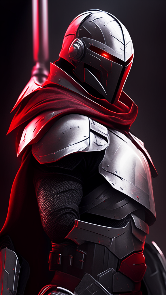 futuristic knight with black armor and red highlights in the crisis video game style merged with a templar knight and turned to stone