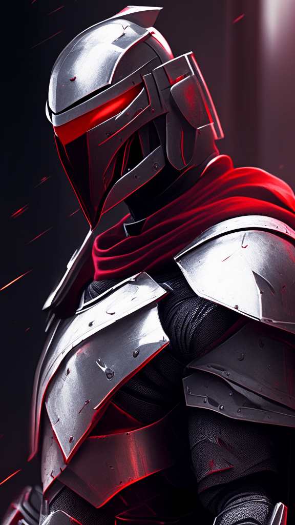 futuristic knight with black armor and red highlights in the crisis video game style merged with a templar knight and turned to stone