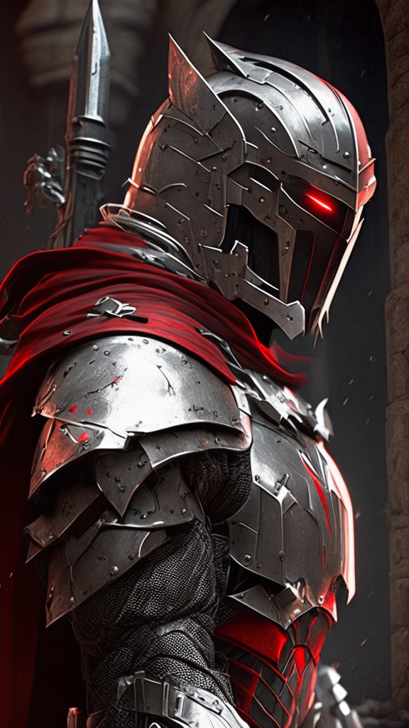 futuristic knight with black armor and red highlights in the crisis video game style merged with a templar knight and turned to stone with bulkier worn armor
