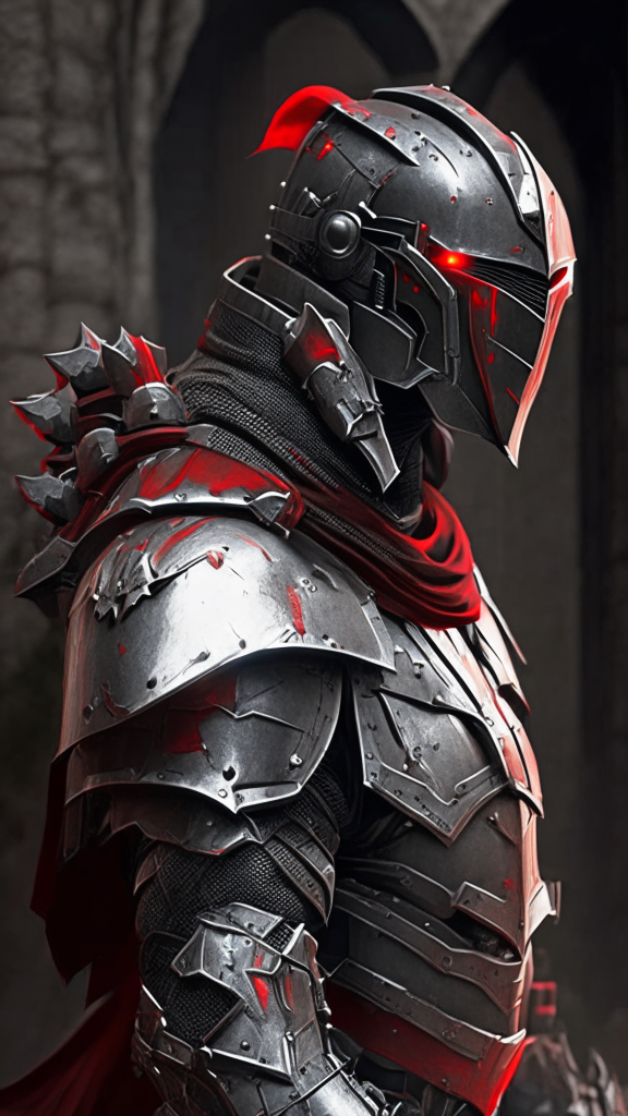 futuristic knight with black armor and red highlights in the crisis video game style merged with a templar knight and turned to stone with bulkier worn armor