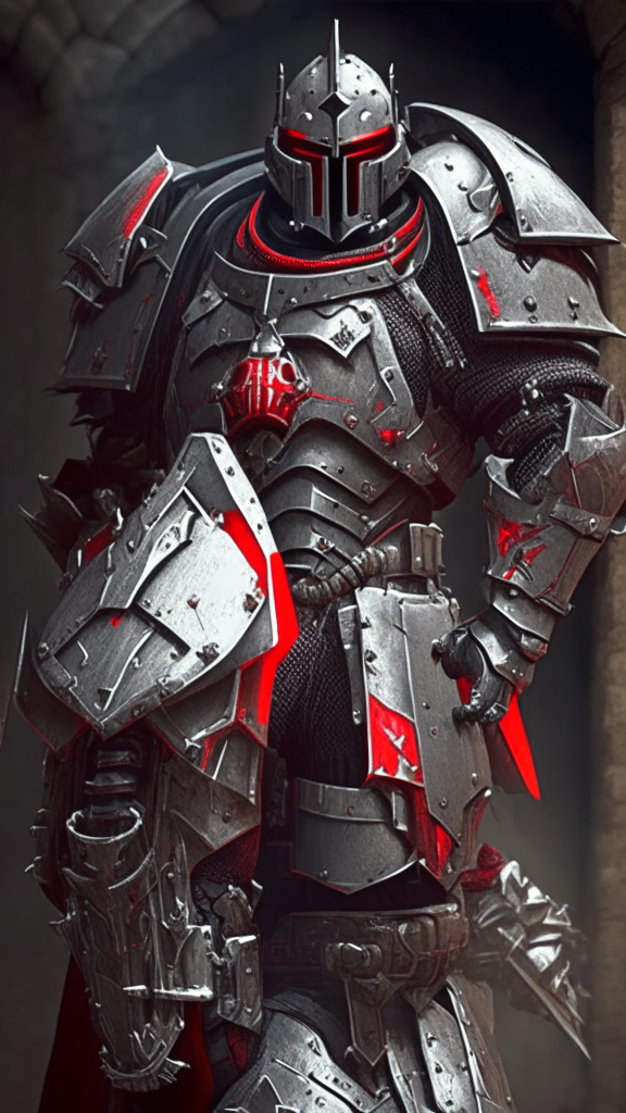 futuristic knight with black armor and red highlights in the crisis video game style merged with a templar knight and turned to stone with bulkier worn armor in a cross between warhammer 40k and dwarf style