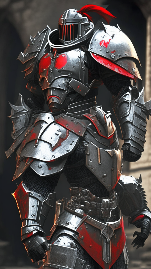 futuristic knight with black armor and red highlights in the crisis video game style merged with a templar knight and turned to stone with bulkier worn armor in a cross between warhammer 40k and dwarf style