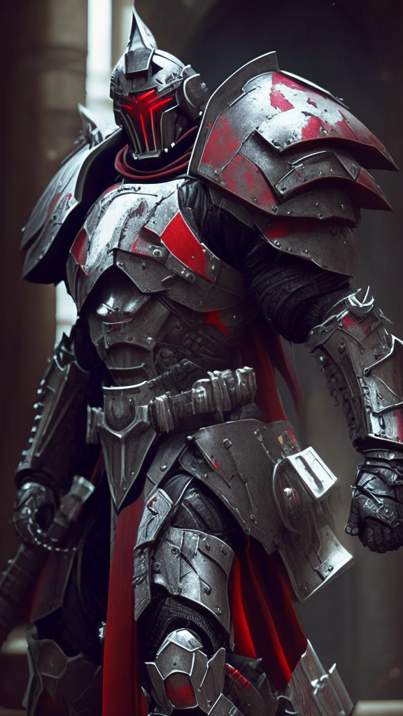 futuristic knight with black armor and red highlights in the crisis video game style merged with a templar knight and turned to stone with bulkier worn armor in the Warhammer 40K universe