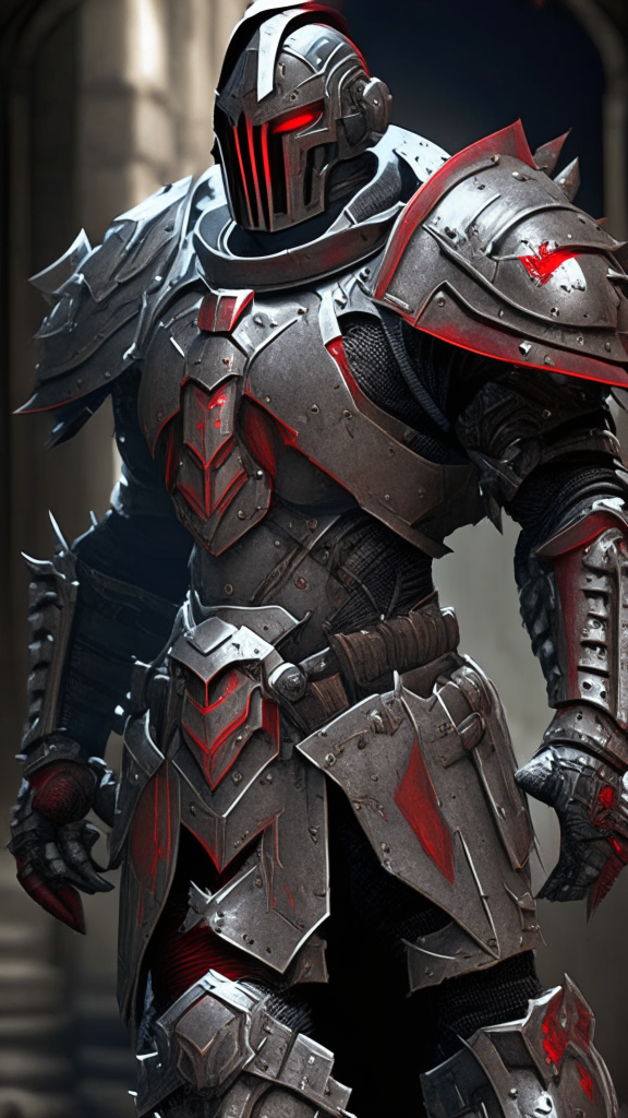 futuristic knight with black armor and red highlights in the crisis video game style merged with a templar knight and turned to stone with bulkier worn armor in the Warhammer 40K universe