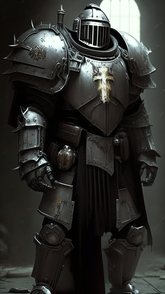 create me a sci-fi fantasy, grim dark, highly detailed and technical Power Armor that is styled after the Holy Knights Templar