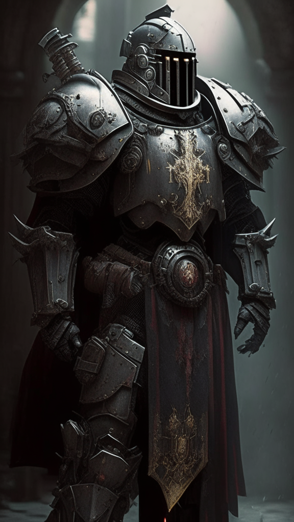 create me a sci-fi fantasy, grim dark, highly detailed and technical Power Armor that is styled after the Holy Knights Templar