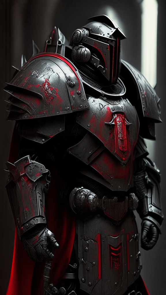 sci-fi fantasy, grim dark, highly detailed and technical Power Armor that is styled after the Holy Knights Templar in black and red
