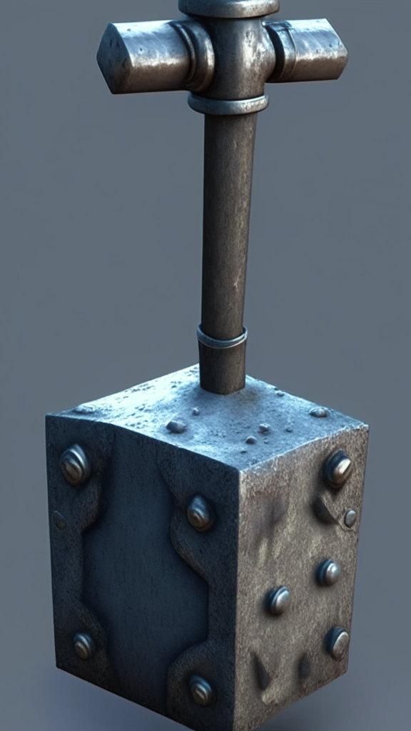 render the metal object as a fantasy battle hammer with the rectangular cube used as the hammer head