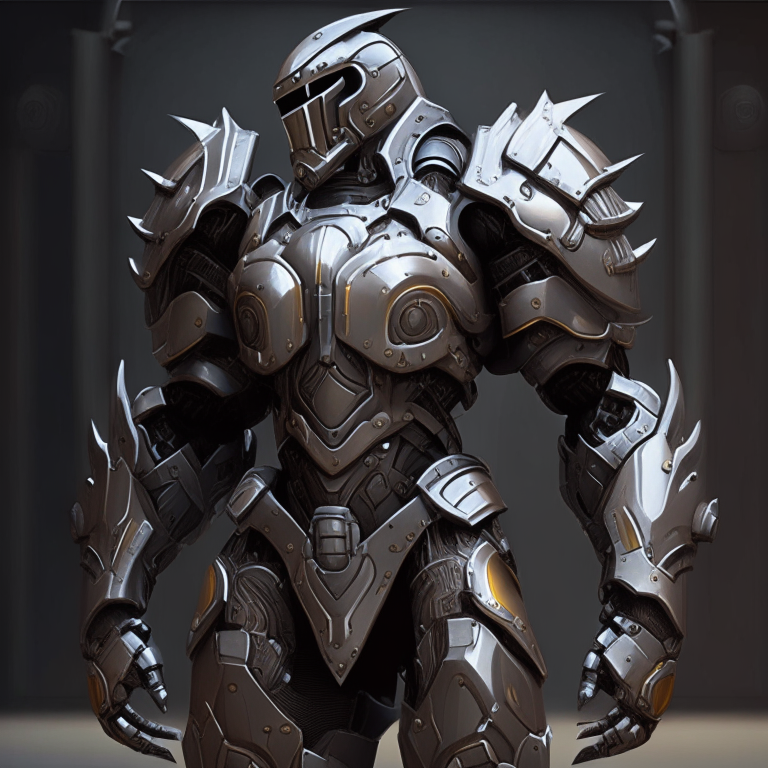 futuristic power armor design for a holy knight with rounded pauldrons, smooth curves