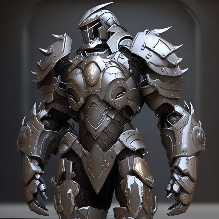 futuristic power armor design for a holy knight with fully rounded pauldrons, smooth curves