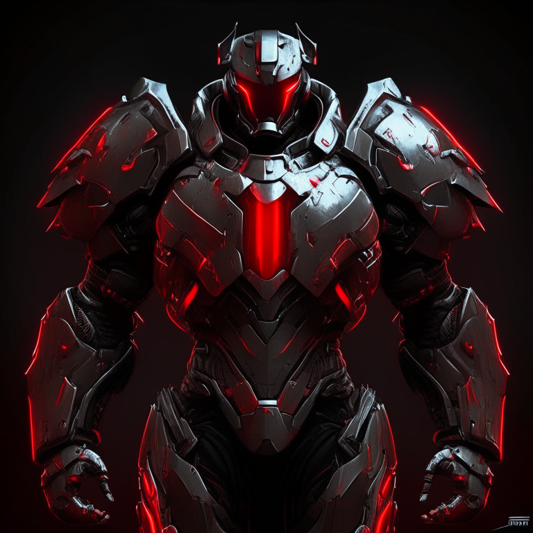 futuristic power armor design for a holy knight with black background and red highlights