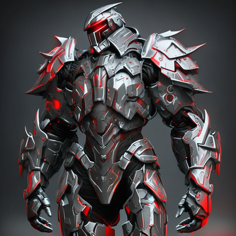 futuristic power armor design for a holy knight with black background and red highlights