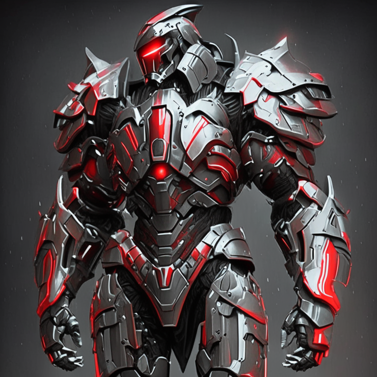 futuristic power armor design for a holy knight with black background and red highlights