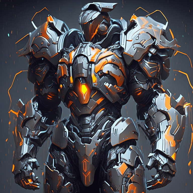 futuristic power armor design for a holy knight rendered in black and orange colors