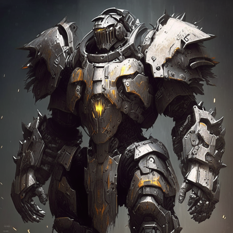 gritty futuristic power armor design for a holy knight that is used and worn, scratched and battle damaged